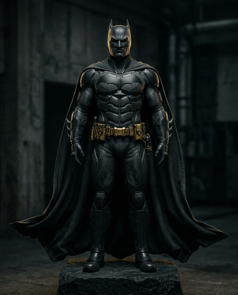 Batman-inspired costume with cowl, cape and utility belt
