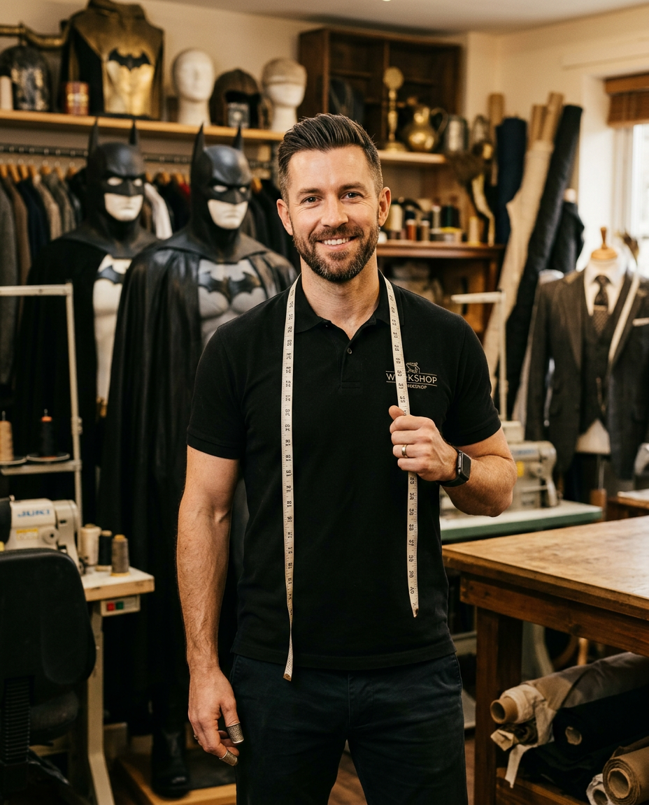 KnightCowl Costumes fitting expert holding a tape measure